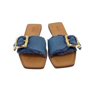 Schutz Womens Denim & Leather Slide Sandals Size 9.5 With Gold Buckle Details